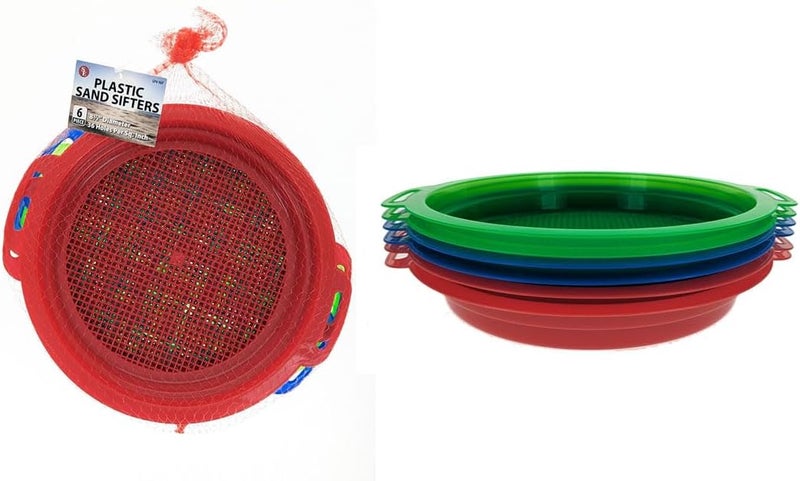 SE 6-Piece Set of 8.5" Plastic Sand Sifting Pans in a Mesh Bag, with 36 Holes Per Inch, in Red, Blue, and Green Colors - Image 1